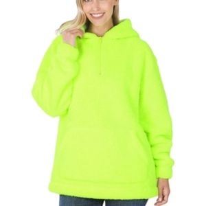 Zenana Outfitters Sherpa Hooded 1/4 Zip Pullover Kangaroo Pocket